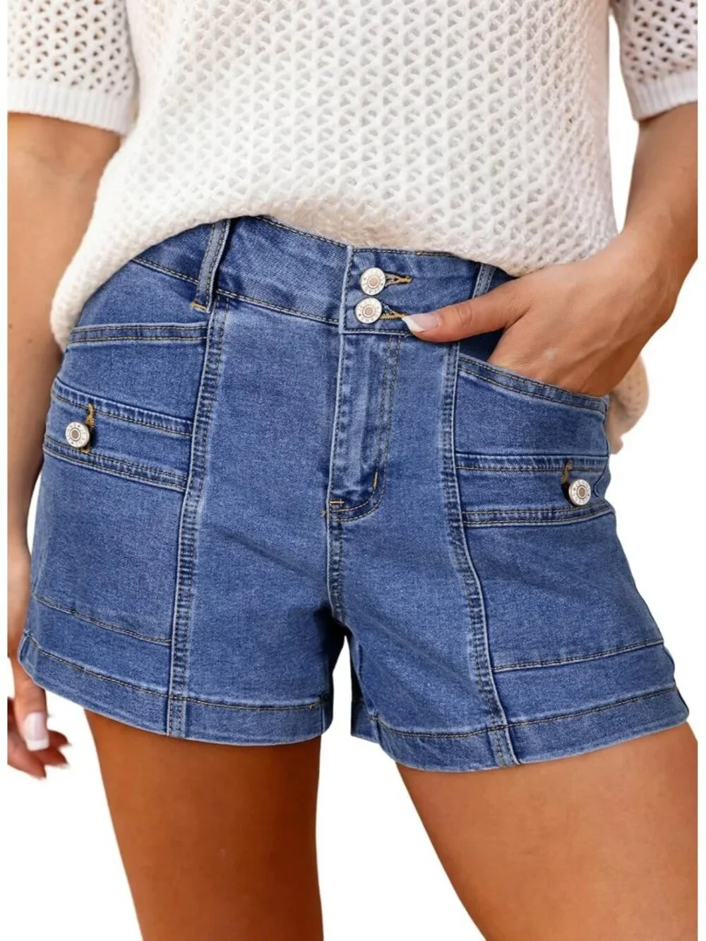 Women's Dark Blue High Waisted Stretchy Shorts Double Button Denim Jean Shorts
